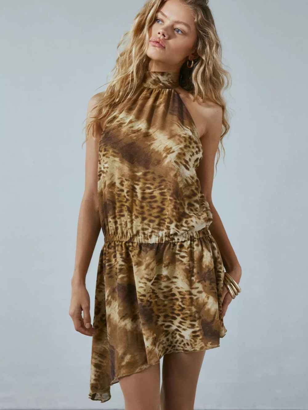 NWT UE Ecote Delphone Asymmetrical Halter Dress Size M Leopard Print Backless